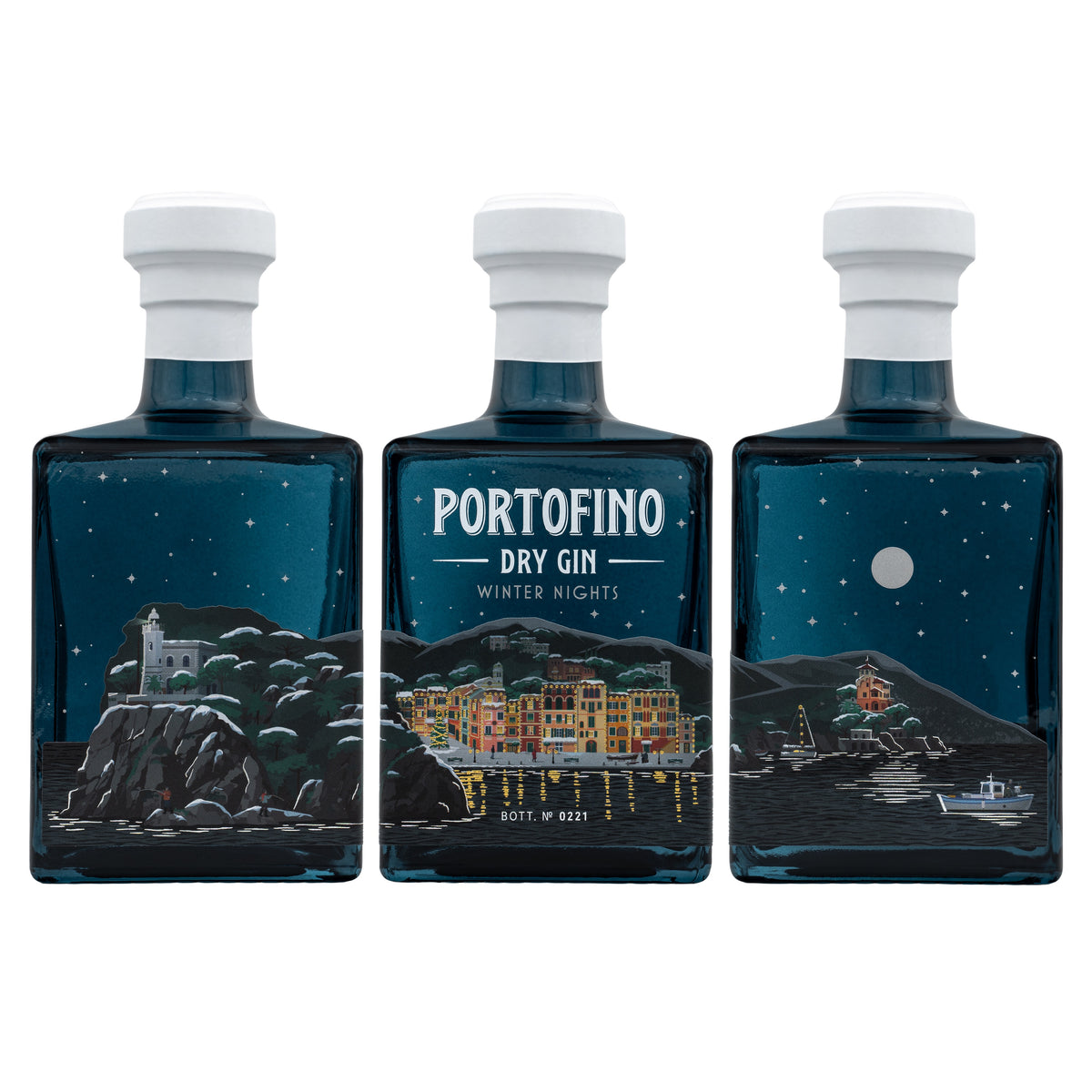 Panorama decorativo della bottiglia Portofino Dry Gin Winter Nights